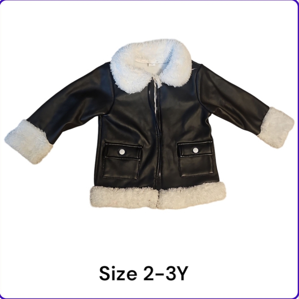 Black Faux Leather Jacket with White Fur Trim Size 2-3Y